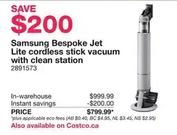Costco Samsung Bespoke Jet Lite cordless stick vacuum with clean station offer