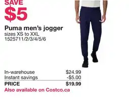 Costco Puma men's jogger sizes XS to XXL offer