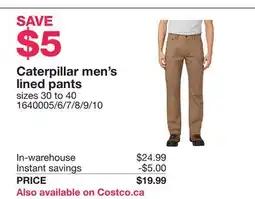 Costco Caterpillar men's lined pants offer