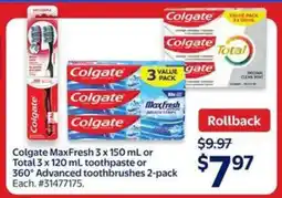 Walmart Colgate MaxFresh or Total Toothpaste/Toothbrushes offer