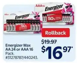 Walmart Energizer Max AA 24 or AAA 16 Pack offer