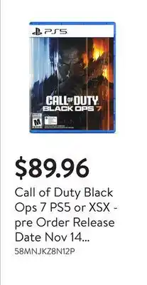 Walmart Call of Duty Black Ops 7 PS5 or XSX - pre Order Release Date Nov 14 2025 offer