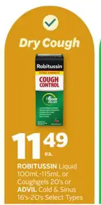 Rexall ROBITUSSIN Liquid 100mL-115mL or Coughgels 20's or ADVIL Cold & Sinus 16' s-20's offer