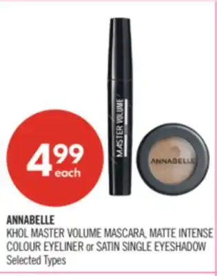 Shoppers Drug Mart ANNABELLE KHOL MASTER VOLUME MASCARA, MATTE INTENSE COLOUR EYELINER or SATIN SINGLE EYESHADOW offer