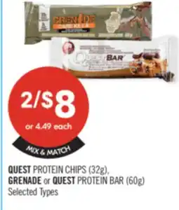 Shoppers Drug Mart QUEST PROTEIN CHIPS (328), GRENADE or QUEST PROTEIN BAR (60g) offer