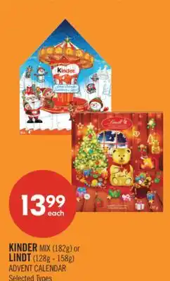 Shoppers Drug Mart KINDER MIX (182g) or LINDT (128g - 158g) ADVENT CALENDAR offer