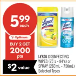 Shoppers Drug Mart LYSOL DISINFECTING WIPES (75's - 84's) or SPRAY (283mL - 750mL) offer