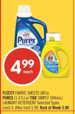Shoppers Drug Mart FLEECY FABRIC SHEETS (80's), PUREX (1.47L) or TIDE SIMPLY (946mL) LAUNDRY DETERGENT offer