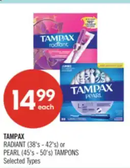 Shoppers Drug Mart TAMPAX RADIANT (38's - 42's) or PEARL (45's - 50's) TAMPONS offer