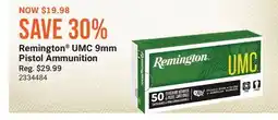 Cabela's Remington UMC 9mm Pistol Ammunition offer