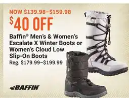 Cabela's Baffin Men's & Women's Escalate X Winter Boots or Women's Cloud Low Slip-On Boots offer
