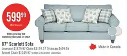 The Brick Made in Canada Scarlett 87 Chenille Fabric Sofa with Rolled Arms and Accent Pillows - Marine Blue offer