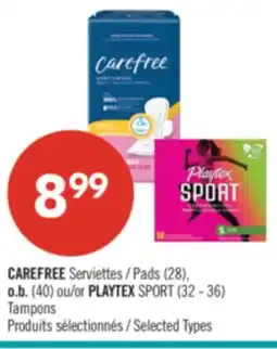 Pharmaprix CAREFREE Pads (28), o.b. (40) or PLAYTEX SPORT (32 - 36) Tampons offer