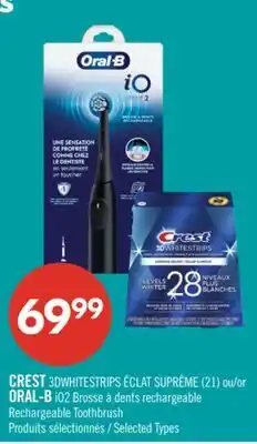 Pharmaprix CREST3DWHITESTRIPS (21) or ORAL-BiO2 Rechargeable Toothbrush offer