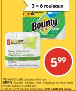 Pharmaprix PC PRIORITÉ PLANÈTE (6 Roll) or BOUNTY (2 Roll - 3 Roll) Paper Towels offer