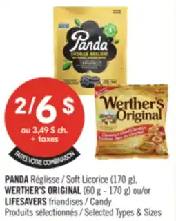 Pharmaprix PANDA Soft Licorice (170 g). WERTHER'S ORIGINAL (60 g - 170 g) or LIFESAVERS Candy offer