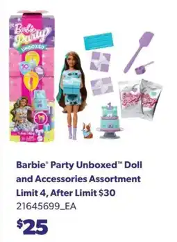Real Canadian Superstore Barbie Party Unboxed Doll and Accessories Assortment offer