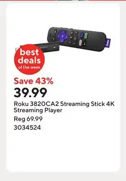 Staples Roku 3820CA2 Streaming Stick 4K Streaming Player offer