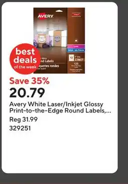 Staples Avery White Laser/Inkjet Glossy Print-to-the-Edge Round Labels, Permanent, 2, 120 Pack (22807) offer