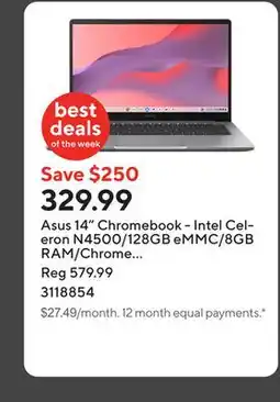 Staples Asus 14 Chromebook - Intel Celeron N4500/128GB eMMC/8GB RAM/Chrome OS with 3 months of Google AI Pro offer