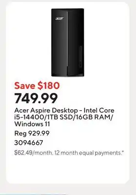 Staples Acer Aspire Desktop - Intel Core i5-14400/1TB SSD/16GB RAM/Windows 11 offer