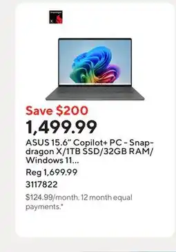 Staples ASUS 15.6 Copilot+ PC - Snapdragon X/1TB SSD/32GB RAM/Windows 11 Home offer