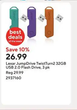 Staples Lexar JumpDrive TwistTurn2 32GB USB 2.0 Flash Drive, 3 pk offer