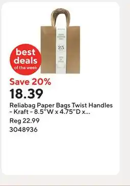 Staples Reliabag Paper Bags Twist Handles - Kraft - 8.5W x 4.75D x 10.25H - 25 Pack offer