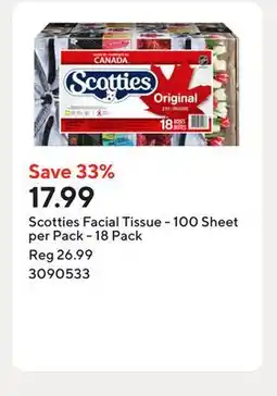 Staples Scotties Facial Tissue - 100 Sheet per Pack - 18 Pack offer