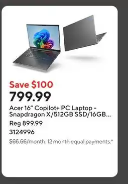 Staples Acer 16 Copilot+ PC Laptop - Snapdragon X/512GB SSD/16GB RAM/Windows 11 offer