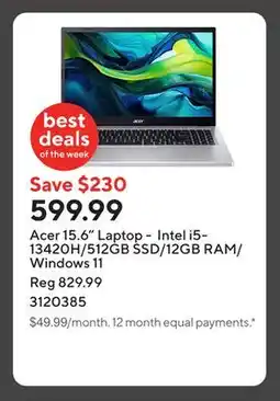 Staples Acer 15.6 Laptop - Intel i5-13420H/512GB SSD/12GB RAM/Windows 11 offer