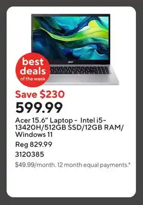 Staples Acer 15.6 Laptop - Intel i5-13420H/512GB SSD/12GB RAM/Windows 11 offer