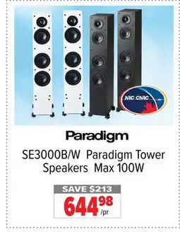 2001 Audio Video SE3000B Paradigm Tower Speakers Max 100W offer