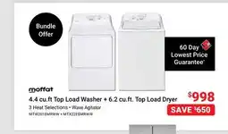 Visions Electronics moffat 4.4 cu.ft Top Load Washer + 6.2 cu.ft. Top Load Dryer offer