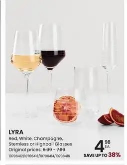 Stokes LYRA Red, White, Champagne, Stemless or Highball Glasses offer