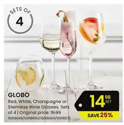 Stokes Globe Red, White, Champagne or Stemless Wine Glasses offer