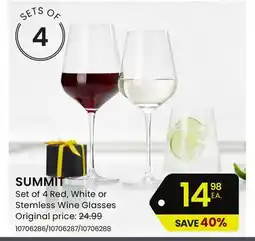 Stokes SUMMIT Set of 4 Red, White or Stemless Wine Glasses offer