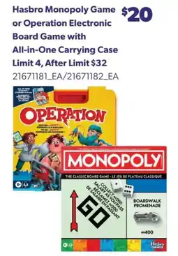 Real Canadian Superstore Hasbro Monopoly Game or Operation Electronic Board Game offer