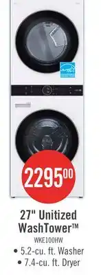The Brick LG 5.2 Washer/7.4 Dryer Cu. Ft. Front-Load High-Efficiency Washtower - White - WKE100HWA offer