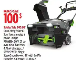 Canadian Tire Ego Stage Snowblower, 21 with 2x4Ah Batteries & Charger offer