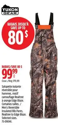 Canadian Tire Yukon-Gear Men's Reversible Insulated Bib Pants, Realtree to Edge Blaze. Selected sizes offer