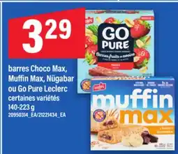Maxi BARRES CHOCO MAX, MUFFIN MAX, NÜGABAR OU GO PURE LECLERC, 140-223 G offer
