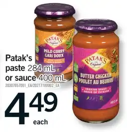 Fortinos PATAK'S PASTE, 284 mL or SAUCE, 400 mL offer