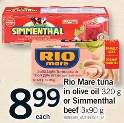 Fortinos RIO MARE TUNA IN OLIVE OIL, 320 G OR SIMMENTHAL BEEF, 3X90 G offer