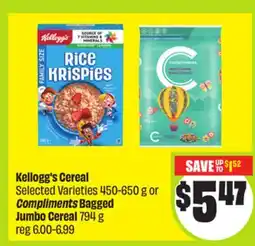 FreshCo Kellogg's Cereal Selected Varieties 450-650 g or Compliments Bagged Jumbo Cereal 794 g offer