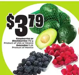 FreshCo Raspberries or Blackberries 170 g Product of USA of Mexico Avocados 5 pk Product of Mexico offer