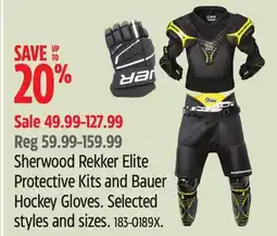 Canadian Tire Sherwood Rekker Elite Protective Kits and Bauer Hockey Gloves. Selected styles and sizes offer