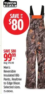 Canadian Tire Men's Reversible Insulated Bib Pants, Realtree to Edge Blaze. Selected sizes offer