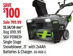 Canadian Tire EGO POWER+ 56V Single Stage Snowblower, 21 with (2) 4Ah Batteries and Charger offer