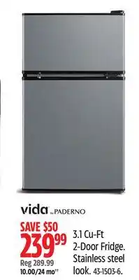 Canadian Tire Vida by PADERNO 3.1Cu-Ft 2-Door Fridge. Stainless steel look offer